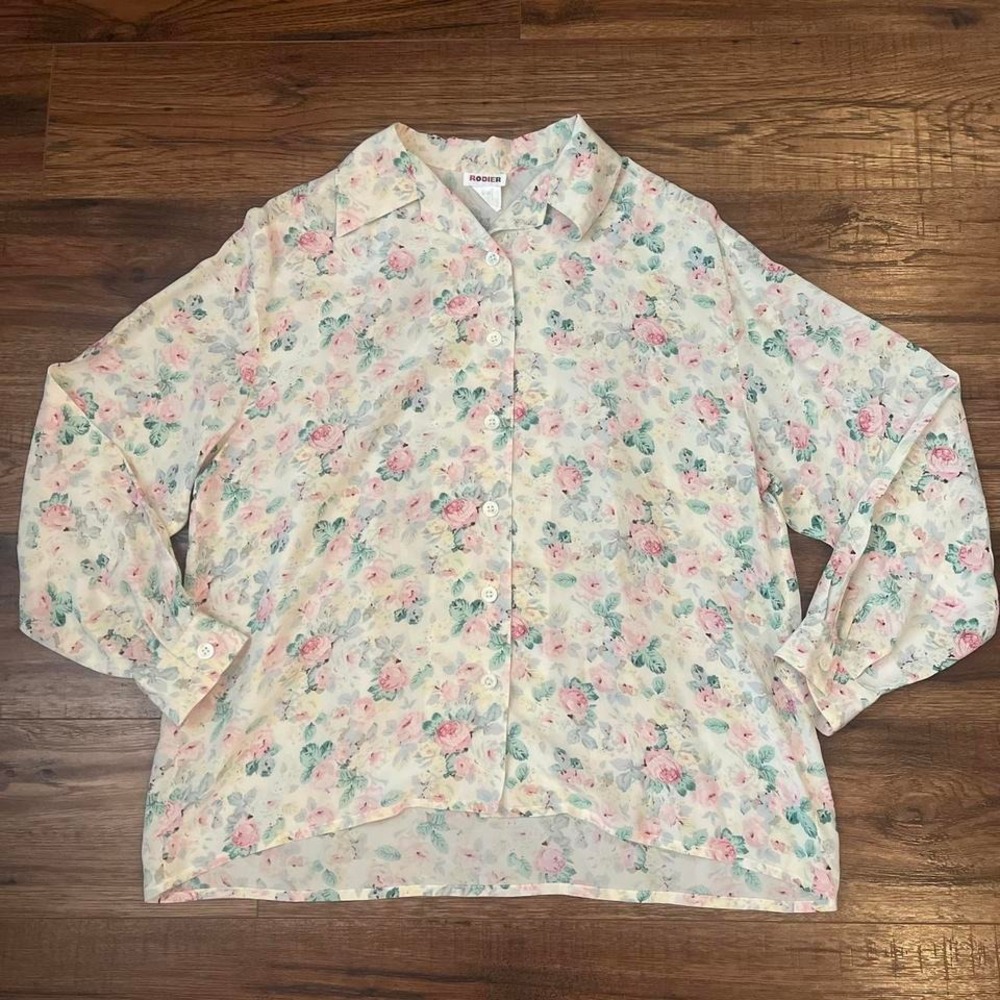 Vintage 90s Cream Pink Pastel Floral Button Up 100% Silk Cottagecore Boho Fairy